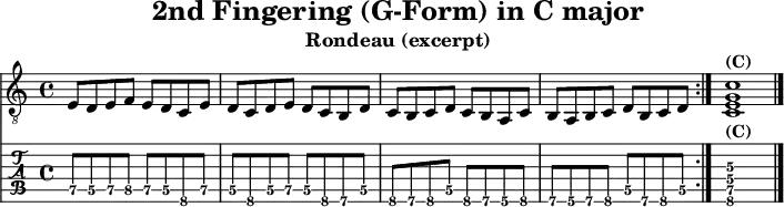\version "2.20.0"
\header {
title="2nd Fingering (G-Form) in C major"
subtitle="Rondeau (excerpt)"
}
%% Diskant- bzw. Melodiesaiten
Diskant = \relative c {
\set TabStaff.minimumFret = #5
\set TabStaff.restrainOpenStrings = ##t
\key c \major
\repeat volta 2 {
e8 d e f e d c e
d c d e d c b d
c b c d c b a c
b a b c d b c d
}
<c e g c>1^\markup { \bold {(C)} }
\bar "|."
}
%% Layout- bzw. Bildausgabe
\score {
<<
\new Voice {
\clef "treble_8"
\time 4/4
\tempo 4 = 120
\set Score.tempoHideNote = ##t
\Diskant
}
\new TabStaff { \tabFullNotation \Diskant }
>>
\layout {}
}
%% Midiausgabe mit Wiederholungen, ohne Akkorde
\score {
<<
\unfoldRepeats {
\new Staff <<
\tempo 4 = 120
\time 4/4
\set Staff.midiInstrument = #"acoustic guitar (nylon)"
\clef "G_8"
\Diskant
>>
}
>>
\midi {}
}
%% unterdrückt im raw="!"-Modus das DinA4-Format.
\paper {
indent=0\mm
%% DinA4 = 210mm - 10mm Rand - 20mm Lochrand = 180mm
line-width=180\mm
oddFooterMarkup=##f
oddHeaderMarkup=##f
% bookTitleMarkup=##f
scoreTitleMarkup=##f
}