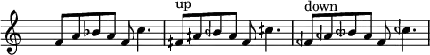 
\fixed c' {
\hide Staff.TimeSignature
f8 a bf a f c'4. |
fqs8^"up" aqs bqf aqs fqs cqs'4. |
fqf8^"down" aqf btqf aqf fqf cqf'4. |
}
