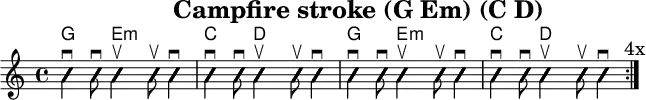 
\version "2.20.0"
\header {
  title="Campfire stroke (G Em) (C D)"
  encoder="mjchael"
}

myChords = \new ChordNames { \chordmode {
    g4. e8:m s2 c4. d8 s2 
    g4. e8:m s2 c4. d8 s2
}}

Lager_G_a = {
  <g, b d>4 \downbow %1
  <g b g'>8 \downbow %2
}

Lager_Em_b = {
  <g b e'>4 \upbow %+
  <g b e'>8 \upbow %+
  <g b e'>4 \downbow %4
}

Lager_C_a = {
  <e, c e>4 \downbow
  <g c' e'>8 \downbow 
}

Lager_D_b = { 
  <a d' fis'>4 \upbow 
  <a d' fis'>8 \upbow 
  <a d' fis'>4 \downbow
}

myRhythm = { \repeat volta 4 {
  \Lager_G_a \Lager_Em_b \Lager_C_a \Lager_D_b
  \Lager_G_a \Lager_Em_b \Lager_C_a \Lager_D_b
  \mark "4x"
}}

\score { << %layout
  % Chords
  \myChords
  % Slash Notation
  \new Voice \with {
    \consists "Pitch_squash_engraver"
  }{
    \set Staff.midiInstrument = "acoustic guitar (nylon)"
    \improvisationOn
    \override NoteHead.X-offset = 0
    \myRhythm
  }
>> \layout{} }

\score { << % midi
  \unfoldRepeats {
    \tempo 4 = 90
    \time 4/4
    \key d \major
    \set Staff.midiInstrument = #"acoustic guitar (nylon)"
    c4 b, a,
    \myRhythm 
    <g, b, d g b g,>1 \downbow
  }
>> \midi{} }

\paper {
  indent=0\mm
  line-width=180\mm
  oddFooterMarkup=##f
  oddHeaderMarkup=##f
  % bookTitleMarkup=##f
  scoreTitleMarkup=##f
}
