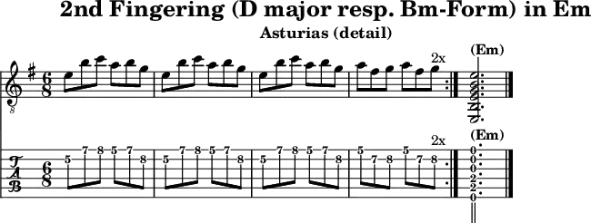 \version "2.20.0"
\header {
title="2nd Fingering (D major resp. Bm-Form) in Em"
subtitle="Asturias (detail)"
}
%% Diskant- bzw. Melodiesaiten
Diskant = {
\set TabStaff.minimumFret = #5
\set TabStaff.restrainOpenStrings = ##t
\key e \minor
\repeat volta 2 \relative c'{
e8 b' c a b g | e8 b' c a b g |
e8 b' c a b g | a fis g a fis g^\markup {2x} | }
\set TabStaff.minimumFret = #0
<e, b, e g b e'>2.^\markup { \bold {(Em)} }
\bar "|."
}
%% Layout- bzw. Bildausgabe
\score {
<<
\new Voice {
\clef "treble_8"
\time 6/8
\tempo 4 = 120
\set Score.tempoHideNote = ##t
\Diskant
}
\new TabStaff { \tabFullNotation \Diskant }
>>
\layout {}
}
%% Midiausgabe mit Wiederholungen, ohne Akkorde
\score {
<<
\unfoldRepeats {
\new Staff <<
\tempo 4 = 120
\time 4/4
\set Staff.midiInstrument = #"acoustic guitar (nylon)"
\clef "G_8"
\Diskant
>>
}
>>
\midi {}
}
%% unterdrückt im raw="!"-Modus das DinA4-Format.
\paper {
indent=0\mm
%% DinA4 = 210mm - 10mm Rand - 20mm Lochrand = 180mm
line-width=180\mm
oddFooterMarkup=##f
oddHeaderMarkup=##f
% bookTitleMarkup=##f
scoreTitleMarkup=##f
}