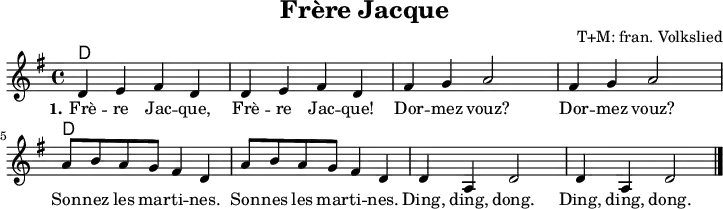 \version "2.20.0"
\header {
title = "Frère Jacque"
composer = "T+M: fran. Volkslied"
% arranger = "arr: ccbysa Mjchael"
}
% Akkorde
akkorde = \chordmode {
\germanChords
\set Staff.midiInstrument = #"acoustic guitar (nylon)"
% Akkorde nur beim Wechsel Notieren
\set chordChanges = ##t
d,4 d d, d | d,4 d d, d |
d,4 d d, d | d,4 d d, d |
d,4 d d, d | d,4 d d, d |
d,4 d d, d | d,4 d d, d
}
melodie = \relative c' {
\clef "treble"
\time 4/4
\tempo 4 = 120
%Tempo ausblenden
\set Score.tempoHideNote = ##t
\key g\major
\set Staff.midiInstrument = #"trombone"
d4 e fis d | d e fis d |
fis g a2 | fis4 g a2 |
a8 b a g fis4 d | a'8 b a g fis4 d |
d a d2 | d4 a d2
\bar "|."
}
text = \lyricmode {
\set stanza = "1."
Frè -- re Jac -- que, Frè -- re Jac -- que!
Dor -- mez vouz? Dor -- mez vouz?
Son -- nez les mar -- ti -- nes.
Son -- nes les mar -- ti -- nes.
Ding, ding, dong. Ding, ding, dong.
}
\score {
<<
\new ChordNames { \akkorde }
\new Voice = "Lied" { \melodie }
\new Lyrics \lyricsto "Lied" { \text }
>>
\midi { }
\layout { }
}
% unterdrückt im raw="!"-Modus das DinA4-Format.
\paper {
indent=0\mm
% DinA4 0 210mm - 10mm Rand - 20mm Lochrand = 180mm
line-width=180\mm
oddFooterMarkup=##f
oddHeaderMarkup=##f
% bookTitleMarkup=##f
scoreTitleMarkup=##f
}