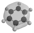 The π electrons in benzene occupy molecular orbitals like this one, which are delocalised over the entire molecule