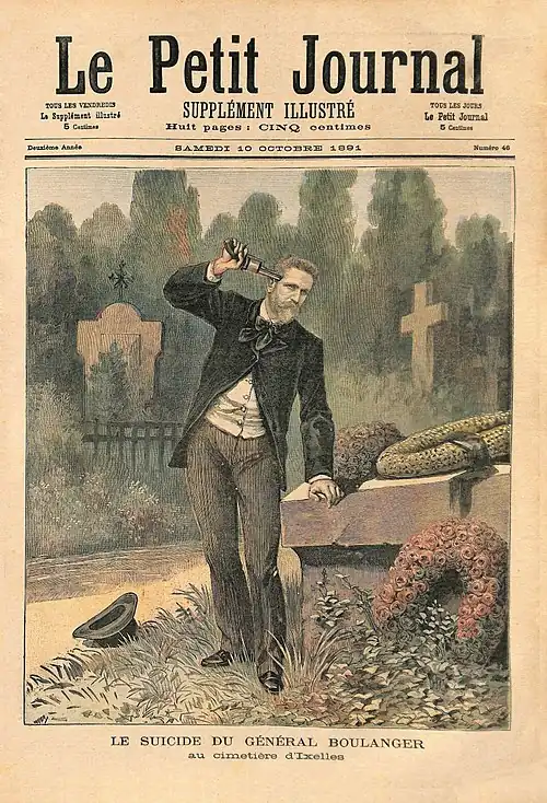 Illustration du Petit Journal (10 octobre 1891) Suicide du général Georges Boulanger devant le tombe de sa maitresse au cimtière d'Ixelles.