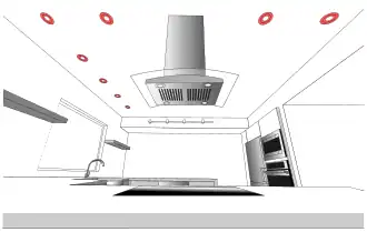 1. recessed lights (main space), 2. range hood light