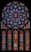 Stained glass - colored glass used to form decorative or pictorialdesigns, notably for church windows, both by painting and especially by setting contrasting pieces in a lead framework like a mosaic