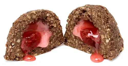 Maraschino cherry used as a filling for a chocolate confection