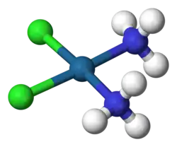 square planar: cisplatin, cis-diamminedichloroplatinum(II), PtCl2(NH3)2