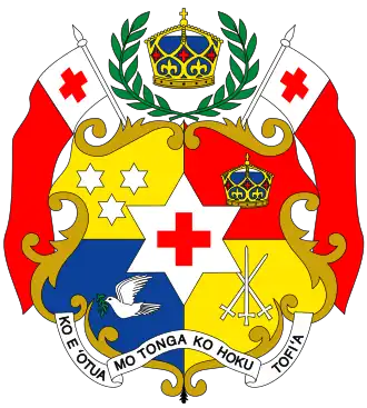 Coat of arms of Tonga featuring the Tongan text "Ko e ʻOtua mo Tonga ko hoku Tofiʻa".