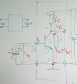 basic common emitter circuit illustrating voltage drops and currents