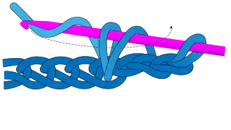 3: yarn over and pull through first two loops, leaving the new loop and one remaining loop