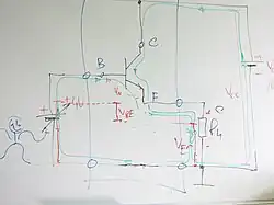 common collector with indicated voltage drops and currents