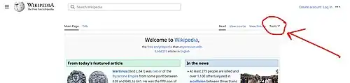 Screenshot of Wikipedia Main Page with the Tools menu circled in red.