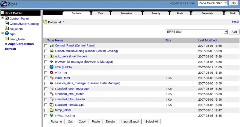 Main Zope Management Interfaces screen