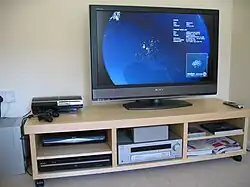 A typical 2008 home theater setup, featuring an LCD display and a PlayStation 3 running Folding@Home.