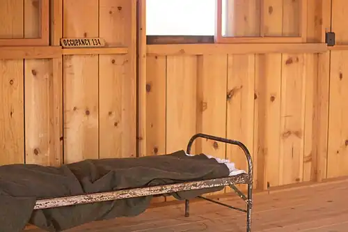 A recreation of one of the barracks at Manzanar. Internment camps offered minimal comforts.