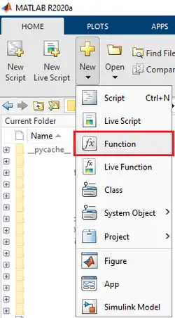 Screenshot of MATLAB on how to select "Function"