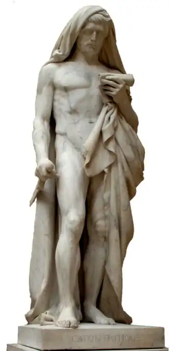 Caton d'Utique lisant le Phédon avant de se donner la mort (Cato of Utica reading the Phedo before committing suicide). Marble, 1840. The work was started by Romand in 1832 and carried on by Rude after Romand's death in 1835.
