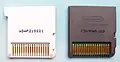 A Nintendo 3DS cartridge on the left, compared to a regular DS cartridge on the right. DS games are compatible with the 3DS, but 3DS games are not compatible with the DS.