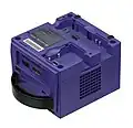 The bottom of a GameCube with protective covers removed.