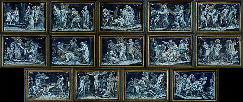 Stations of the Cross - a series of fourteen pictures or carvings representing successive incidents during Jesus' progress from his condemnation by Pilate to his crucifixion and burial, before which devotions are performed in many churches