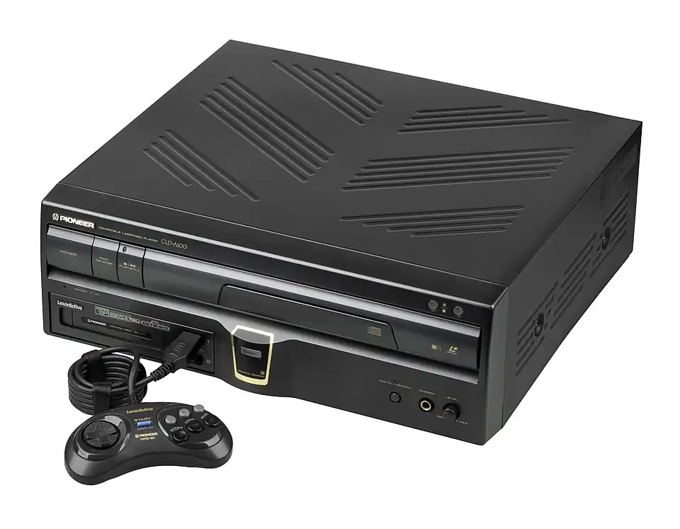 The Pioneer LaserActive with a Sega Genesis module and branded Genesis controller.