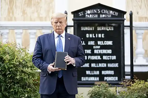 President Trump at St. John's Episcopal Church. The removal of the peaceful protestors for the purpose of a photo op upset protestors and church officials.[67]