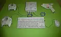 A Dreamcast with accessories attached.