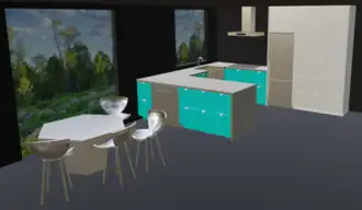 Similar, but with a tableware management peninsula