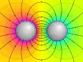 Electric field around two identical conducting spheres at opposite electric potential
