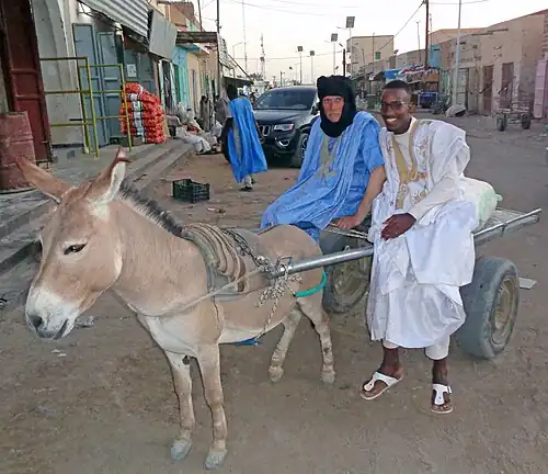 A European (left) initially finds it difficult to get used to traditional costume in Mauritania