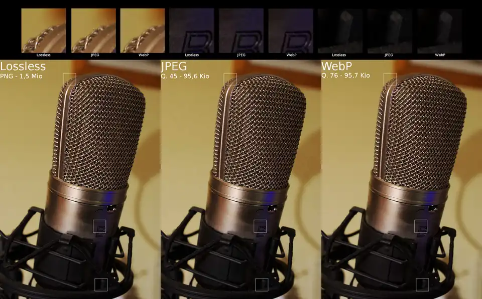 Lossless, JPEG, and Webp compression compared.