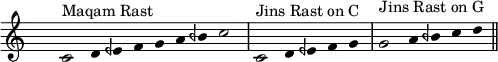 \new Staff {
\hide Staff.TimeSignature \hide Staff.Stem \cadenzaOn
\clef treble
\accidentalStyle forget
\fixed c' {
c2^"Maqam Rast" d4 eqf f g a bqf c'2 \bar "|"
c2^"Jins Rast on C" d4 eqf f g \bar "|"
g2^"Jins Rast on G" a4 bqf c' d' \bar "||"
}}