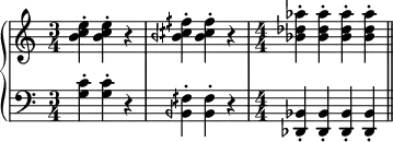 
\new PianoStaff <<
\new Staff {
\clef treble
\accidentalStyle modern
\numericTimeSignature
\time 3/4
<b' c'' e''>4-. 4-. r4
<bqf' cqs'' fqs''>4-. 4-. r4
\time 4/4
<bf' df'' af''>4-. 4-. 4-. 4-.
}
\new Staff {
\clef bass
\accidentalStyle modern
\numericTimeSignature
\time 3/4
<g c'>4-. 4-. r4
<bqf, fqs>4-. 4-. r4
\time 4/4
<df, bf,>4-. 4-. 4-. 4-.
\bar "||"
}
>>

