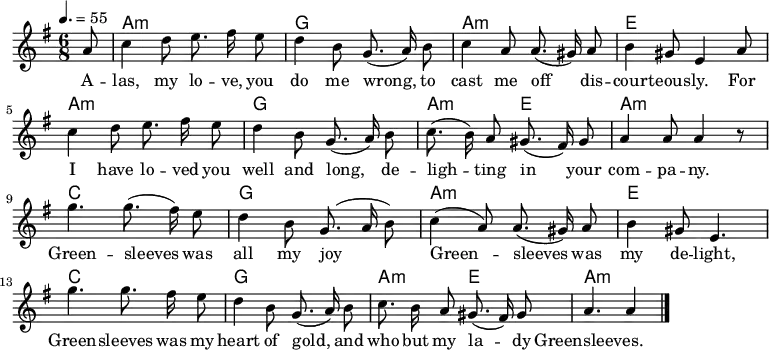 \version "2.12.3"
\language "deutsch"
\header {
tagline = ""
}
\layout {
indent = #0
}
akkorde = \chordmode {
\germanChords
\set chordChanges = ##t
s8 a1*6/8:m g a:m e a:m g a1*3/8:m e a1*6/8:m c g a:m e c g a1*3/8:m e a1*6/8:m
}
global = {
\autoBeamOff
\tempo 4. = 55
\time 6/8
\key a \dorian
}
melodie = \relative c'' {
\global
\partial8 a8
c4 d8 e8. fis16 e8
d4 h8 g8.( a16) h8
c4 a8 a8.( gis16) a8
h4 gis8 e4 a8
c4 d8 e8. fis16 e8
d4 h8 g8.( a16) h8
c8.( h16) a8 gis8.( fis16) gis8
a4 a8 a4 r8
g'4.g8.( fis16) e8
d4 h8 g8.( a16 h8)
c4( a8) a8.( gis16) a8
h4 gis8 e4.
g'4.g8. fis16 e8
d4 h8 g8.( a16) h8
c8. h16 a8 gis8.( fis16) gis8
a4. a4
\bar "|."
}
text = \lyricmode {
A -- las, my lo -- ve, you do me wrong,
to cast me off dis -- cour -- teous -- ly.
For I have lo -- ved you well and long,
de -- ligh -- ting in your com -- pa -- ny.
Green -- sleeves was all my joy
Green -- sleeves was my de -- light,
Green -- sleeves was my heart of gold,
and who but my la -- dy Greensleeves.
}
\score {
<<
\new ChordNames { \akkorde }
\new Voice = "Lied" { \melodie }
\new Lyrics \lyricsto "Lied" { \text }
>>
\midi {}
\layout {}
}