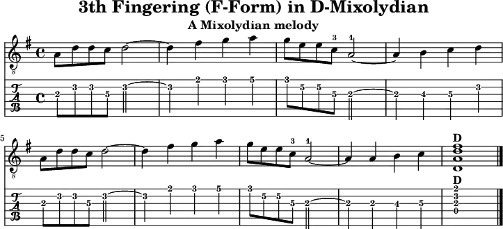 \version "2.20.0"
\header {
title="3th Fingering (F-Form) in D-Mixolydian"
subtitle="A Mixolydian melody"
}
%% Diskant- bzw. Melodiesaiten
Diskant = \relative c' {
\set TabStaff.minimumFret = #2
\set TabStaff.restrainOpenStrings = ##t
\key d \mixolydian
a8 d d c d2~ | d4 fis g a |
g8 e e c-3 a2~-1 | a4 b c d | \break
a8 d d c d2~ | d4 fis g a |
g8 e e c-3 a2~-1 | a4 a b c |
\set TabStaff.restrainOpenStrings = ##f
< d, a' d fis>1^\markup { \bold {D} }
\bar "|."
}
%% Layout- bzw. Bildausgabe
\score {
<<
\new Voice {
\clef "treble_8"
\time 4/4
\tempo 4 = 120
\set Score.tempoHideNote = ##t
\Diskant
}
\new TabStaff { \tabFullNotation \Diskant }
>>
\layout {}
}
%% Midiausgabe mit Wiederholungen, ohne Akkorde
\score {
<<
\unfoldRepeats {
\new Staff <<
\tempo 4 = 120
\time 4/4
\set Staff.midiInstrument = #"acoustic guitar (nylon)"
\clef "G_8"
\Diskant
>>
}
>>
\midi {}
}
%% unterdrückt im raw="!"-Modus das DinA4-Format.
\paper {
indent=0\mm
%% DinA4 = 210mm - 10mm Rand - 20mm Lochrand = 180mm
line-width=180\mm
oddFooterMarkup=##f
oddHeaderMarkup=##f
% bookTitleMarkup=##f
scoreTitleMarkup=##f
}