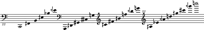 
\fixed c' {
\hide Staff.TimeSignature
\hide Staff.Stem
\hide Staff.Beam
\hide Score.BarNumber
\accidentalStyle modern
\cadenzaOn
\clef "bass_22" c,,,,,2 fqs,,,,,4 b,,,,, eqs,,,, bf,,,, eqf,,,
\clef bass  a,,, dqs,, gs,, ctqs, g,
\clef treble cqs fs bqs f' bqf' e''
\clef "treble^22" aqs'' ef''' aqf''' d'''' gqs'''' cs''''' gqf''''' c''''''2
}
