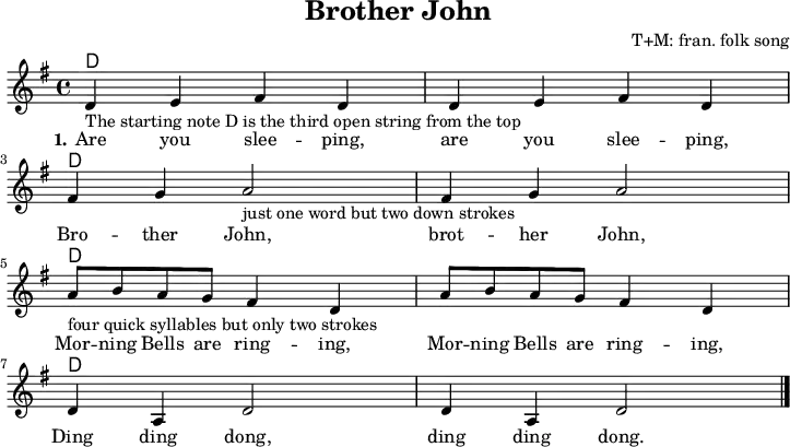 \version "2.20.0"
\header {
title = "Brother John"
composer = "T+M: fran. folk song"
% arranger = "arr: ccbysa Mjchael"
}
% Akkorde
akkorde = \chordmode {
\germanChords
\set Staff.midiInstrument = #"acoustic guitar (nylon)"
% Akkorde nur beim Wechsel Notieren
\set chordChanges = ##t
d,4 d d, d | d,4 d d, d | \break
d,4 d d, d | d,4 d d, d | \break
d,4 d d, d | d,4 d d, d | \break
d,4 d d, d | d,4 d d, d
}
melodie = \relative c' {
\clef "treble"
\time 4/4
\tempo 4 = 120
%Tempo ausblenden
\set Score.tempoHideNote = ##t
\key g\major
\set Staff.midiInstrument = #"trombone"
d4-"The starting note D is the third open string from the top" e fis d | d e fis d |
fis g a2 _"just one word but two down strokes" | fis4 g a2 |
a8_"four quick syllables but only two strokes" b a g fis4 d | a'8 b a g fis4 d |
d a d2 | d4 a d2
\bar "|."
}
text = \lyricmode {
\set stanza = "1."
Are you slee -- ping, are you slee -- ping,
Bro -- ther John, brot -- her John,
Mor -- ning Bells are ring -- ing,
Mor -- ning Bells are ring -- ing,
Ding ding dong, ding ding dong.
}
\score {
<<
\new ChordNames { \akkorde }
\new Voice = "Lied" { \melodie }
\new Lyrics \lyricsto "Lied" { \text }
>>
\midi { }
\layout { }
}
% unterdrückt im raw="!"-Modus das DinA4-Format.
\paper {
indent=0\mm
% DinA4 0 210mm - 10mm Rand - 20mm Lochrand = 180mm
line-width=180\mm
oddFooterMarkup=##f
oddHeaderMarkup=##f
% bookTitleMarkup=##f
scoreTitleMarkup=##f
}