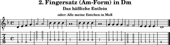 \version "2.20.0"
\header {
title="2. Fingersatz (Am-Form) in Dm"
subtitle="Das häßliche Entlein" subsubtitle="oder: Alle meine Entchen in Moll"
}
%% Diskant- bzw. Melodiesaiten
Diskant = \relative c {
\set TabStaff.minimumFret = #5
\set TabStaff.restrainOpenStrings = ##t
\key d \minor
d4 e f g a2 2 bes4 4 4 4 a1
bes4 4 4 4 a1 g4 4 4 4 f2 2
e4 4 4 4 d1
\bar "|."
}
%% Layout- bzw. Bildausgabe
\score {
<<
\new Voice {
\clef "treble_8"
\time 4/4
\tempo 4 = 120
\set Score.tempoHideNote = ##t
\Diskant
}
\new TabStaff { \tabFullNotation \Diskant }
>>
\layout {}
}
%% Midiausgabe mit Wiederholungen, ohne Akkorde
\score {
<<
\unfoldRepeats {
\new Staff <<
\tempo 4 = 120
\time 4/4
\set Staff.midiInstrument = #"acoustic guitar (nylon)"
\clef "G_8"
\Diskant
>>
}
>>
\midi {}
}
%% unterdrückt im raw="!"-Modus das DinA4-Format.
\paper {
indent=0\mm
%% DinA4 = 210mm - 10mm Rand - 20mm Lochrand = 180mm
line-width=180\mm
oddFooterMarkup=##f
oddHeaderMarkup=##f
% bookTitleMarkup=##f
scoreTitleMarkup=##f
}
