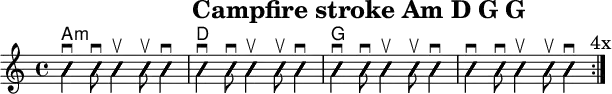 
\version "2.20.0"
\header {
  title="Campfire stroke Am D G G"
  encoder="mjchael"
}

myChords = \new ChordNames { \chordmode {
    a1:m d g s 
}}

Lager_Am = { 
  <e, a, e>4 \downbow
  <a c' e'>8 \downbow 
  <a c' e'>4 \upbow 
  <a c' e'>8 \upbow 
  <a c' e'>4 \downbow
}

Lager_D = {
  < a, d>4 \downbow
  <a d' fis'>8 \downbow 
  <a d' fis'>4 \upbow 
  <a d' fis'>8 \upbow 
  <a d' fis'>4 \downbow
}

Lager_G = {
  <g, b d>4 \downbow %1
  <g b g'>8 \downbow %2
  <g b g'>4 \upbow 
  <g b g'>8 \upbow 
  <g b g'>4 \downbow
}


myRhythm = { \repeat volta 4 {
  \Lager_Am \Lager_D \Lager_G \Lager_G
  \mark "4x"
}}

\score { << %layout
  % Chords
  \myChords
  % Slash Notation
  \new Voice \with {
    \consists "Pitch_squash_engraver"
  }{
    \set Staff.midiInstrument = "acoustic guitar (nylon)"
    \improvisationOn
    \override NoteHead.X-offset = 0
    \myRhythm
  }
>> \layout{} }

\score { << % midi
  \unfoldRepeats {
    \tempo 4 = 90
    \time 4/4
    \key d \major
    \set Staff.midiInstrument = #"acoustic guitar (nylon)"
    
    \myRhythm 
    <g, b, d g b g,>1 \downbow
  }
>> \midi{} }

\paper {
  indent=0\mm
  line-width=180\mm
  oddFooterMarkup=##f
  oddHeaderMarkup=##f
  % bookTitleMarkup=##f
  scoreTitleMarkup=##f
}

