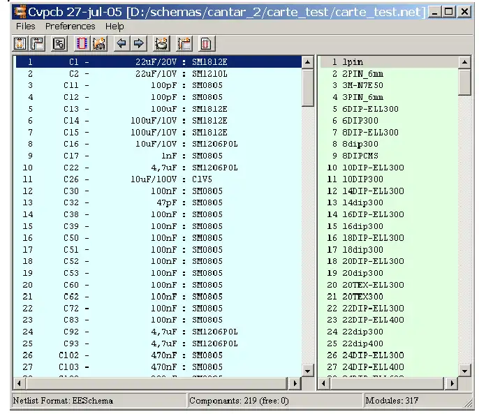 cvpcb для выбора посадочных мест, соответствующих компонентам на схеме.