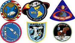Composite image of six crewed Apollo development mission patches, from Apollo&nbsp;1 to Apollo 11.