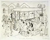 Monochrome etching of a scene at a Paris bus stop