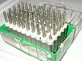 A box of #76 (0.02&nbsp;in or 0.51&nbsp;mm) PCB drill bits.