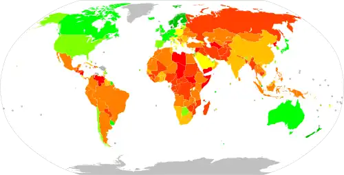 Image 9A map depicting Corruption Perceptions Index in the world in 2022; a higher score indicates lower levels of perceived corruption.&nbsp;&nbsp;100 – 90&nbsp;&nbsp;89 – 80&nbsp;&nbsp;79 – 70&nbsp;&nbsp;69 – 60&nbsp;&nbsp;59 – 50&nbsp;&nbsp;49 – 40&nbsp;&nbsp;39 – 30&nbsp;&nbsp;29 – 20&nbsp;&nbsp;19 – 10&nbsp;&nbsp;9 – 0&nbsp;&nbsp;No data (from Political corruption)