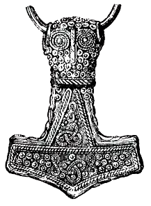 Drawing of a 4.6&nbsp;cm gold-plated silver Mjölnir pendant found at Bredsätra on Öland, Sweden