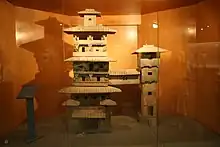 Two residential towers joined by a bridge, pottery miniature, Han dynasty (202 BC&nbsp;– AD 220)