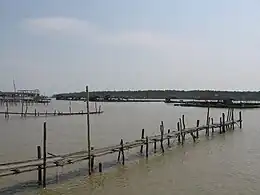 Fishing village of Kukup, with Pulau Kukup in the background.