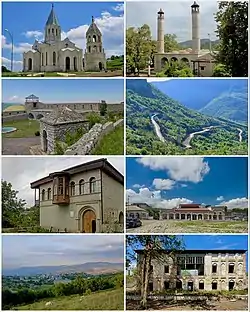 Landmarks of Shusha, from top left:Ghazanchetsots Cathedral&nbsp;• Yukhari Govhar Agha MosqueShusha fortress&nbsp;• Shusha mountainsHouse of Mehmandarovs&nbsp;• City centerShusha skyline&nbsp;• House of Khurshidbanu Natavan