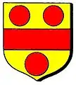 Or, a fess gules, between three torteaux