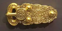 Buckle of Sutton Hoo; 580–620; gold and niello; length: 13.1&nbsp;cm; British Museum (London)